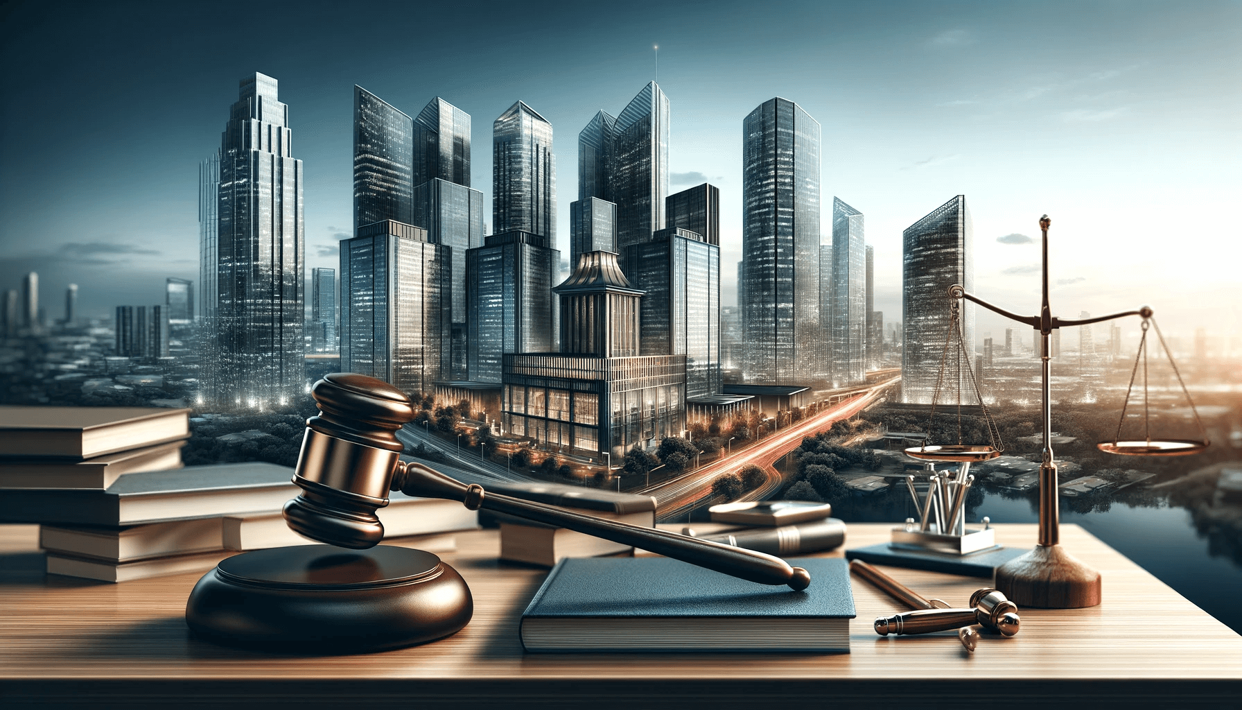 Image with a desk, gavel, balance scales, and a modern city landscape 