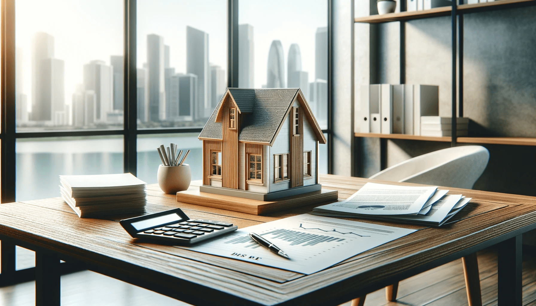 Picture of a mini house on a desk with a calculator, paperwork, and pens
