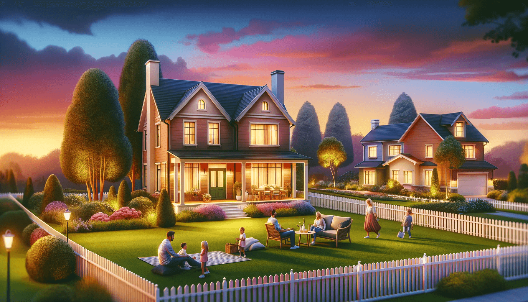 Family having a picnic in their front yard