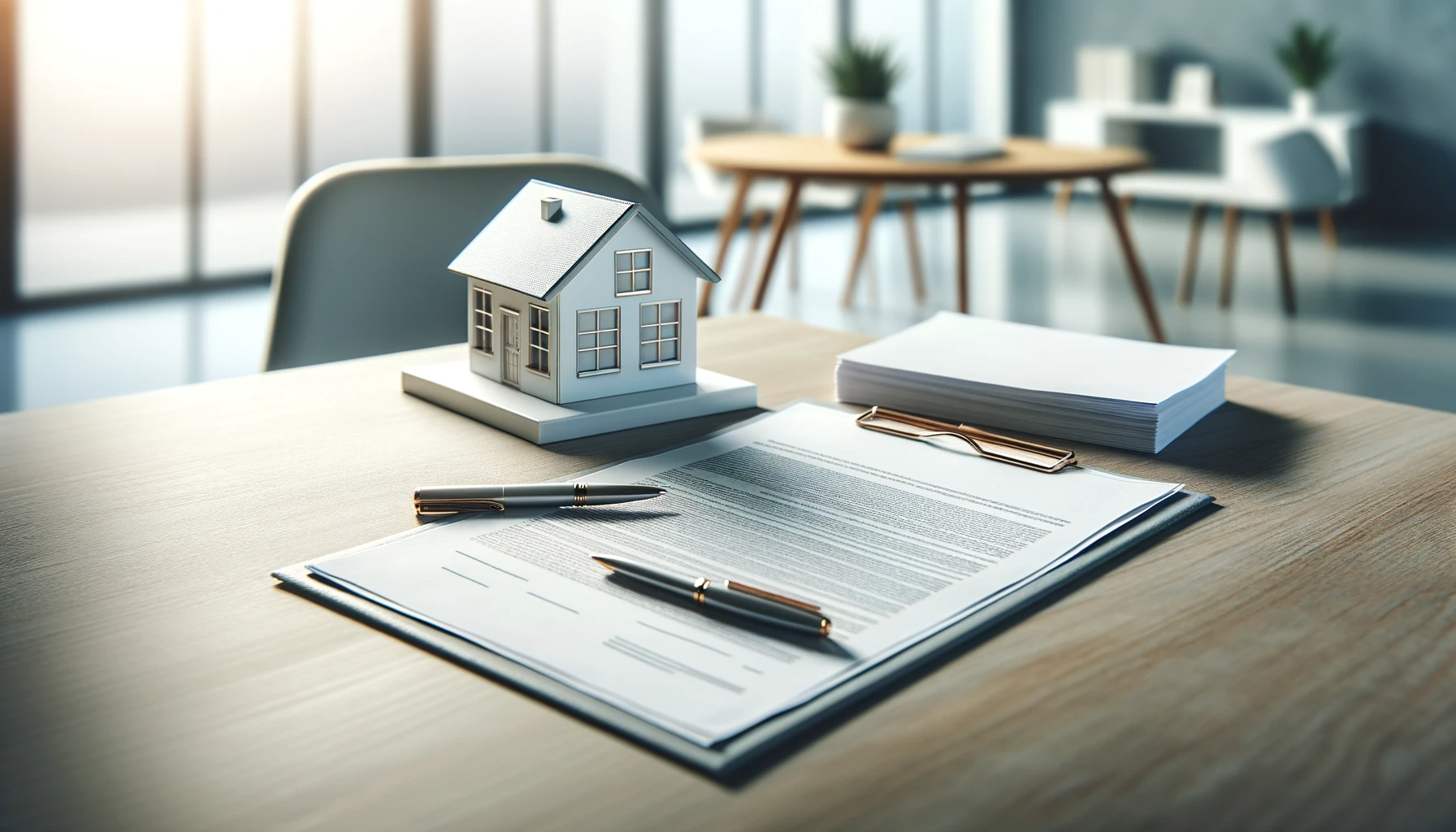 Picture of a mini house on a table with paperwork, pens, and an envelope
