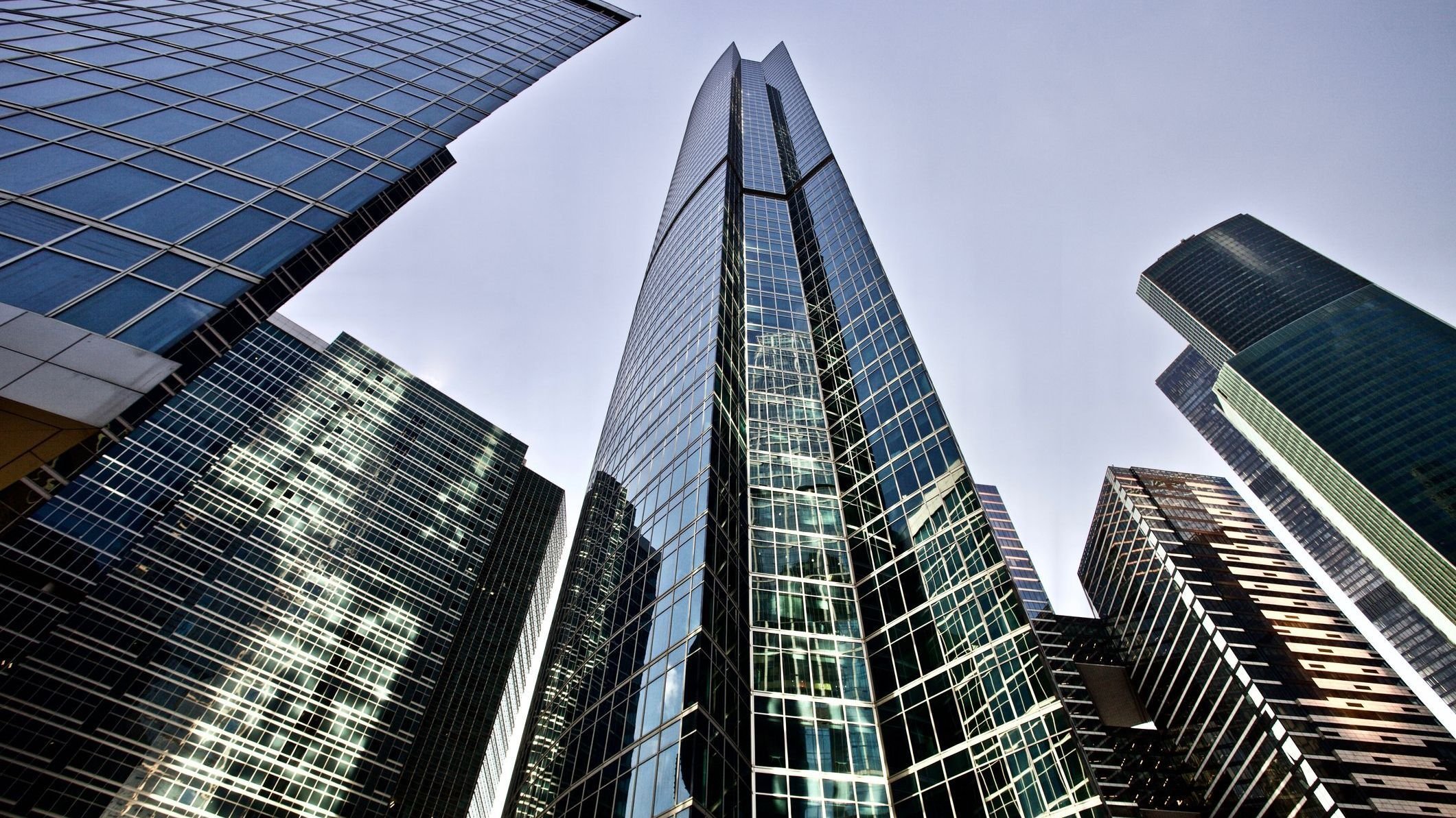 Office and residential skyscrapers in downtown city area panoramic view.