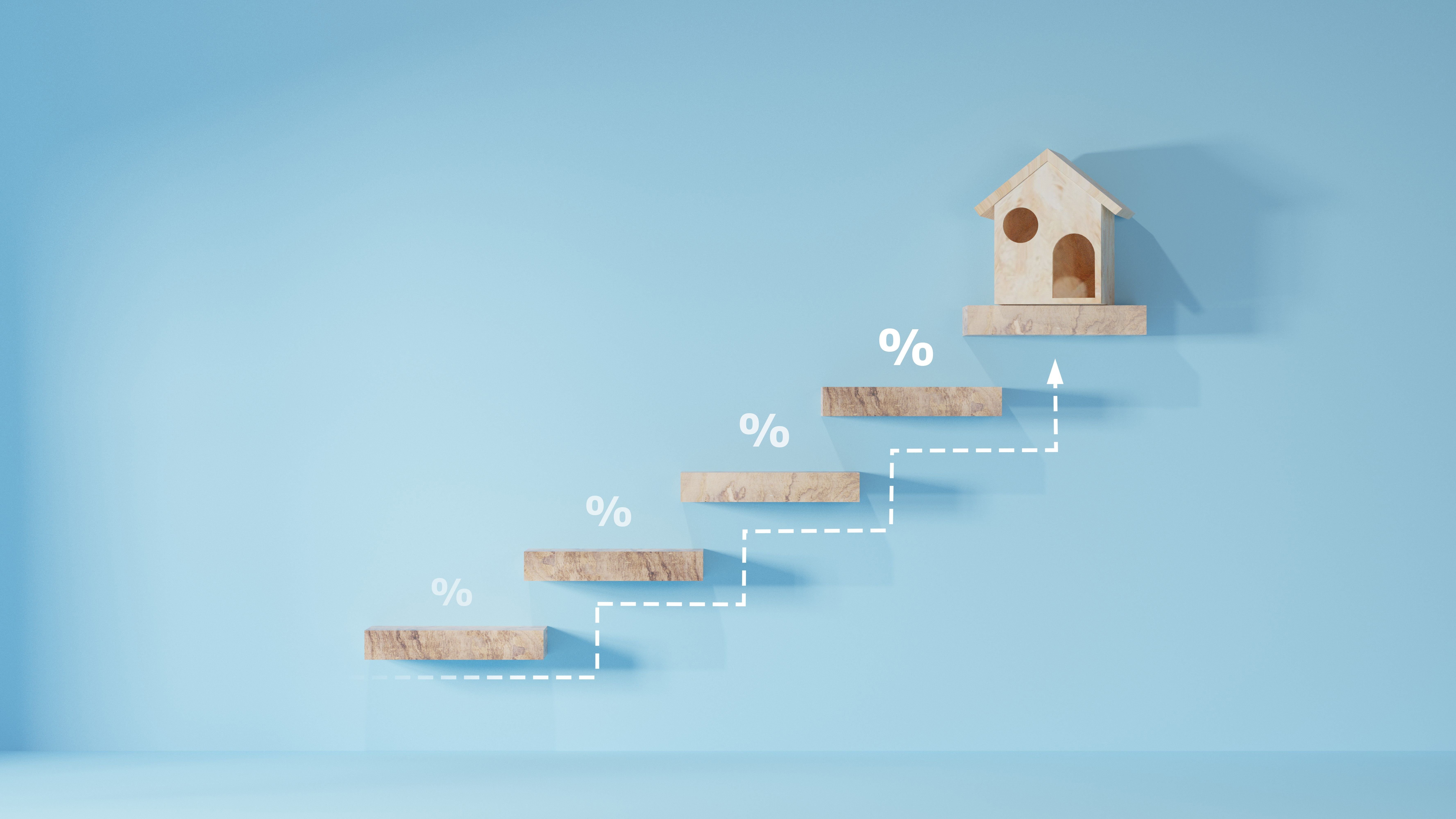 Home with grow up put on the wooden. with percent and rise arrow.