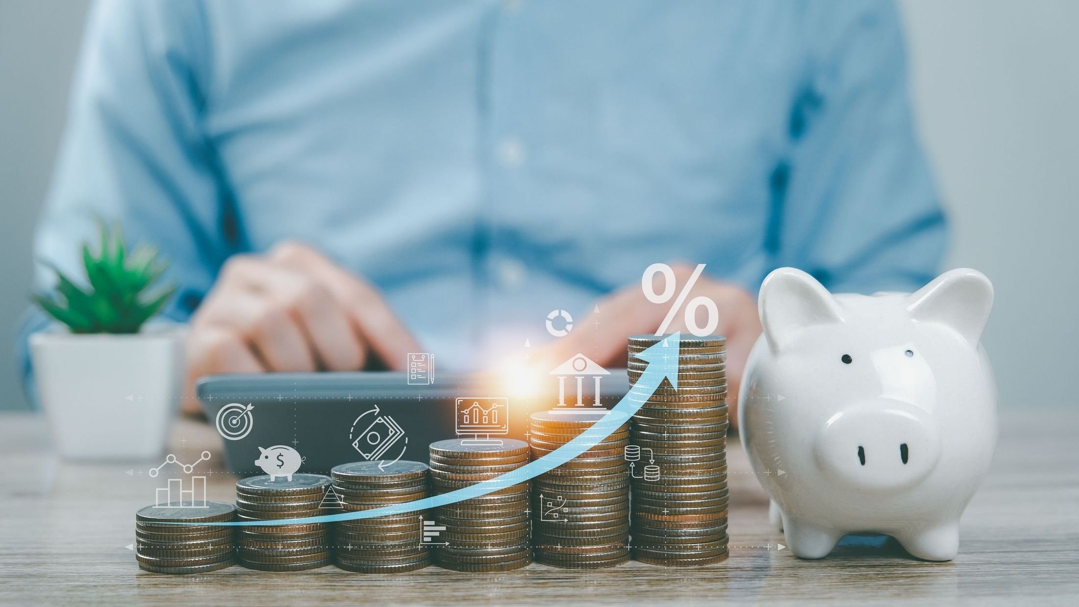 Investor investing in stocks, mutual funds, gold, savings, bank cap, stack of coins, percent, symbol, percentage