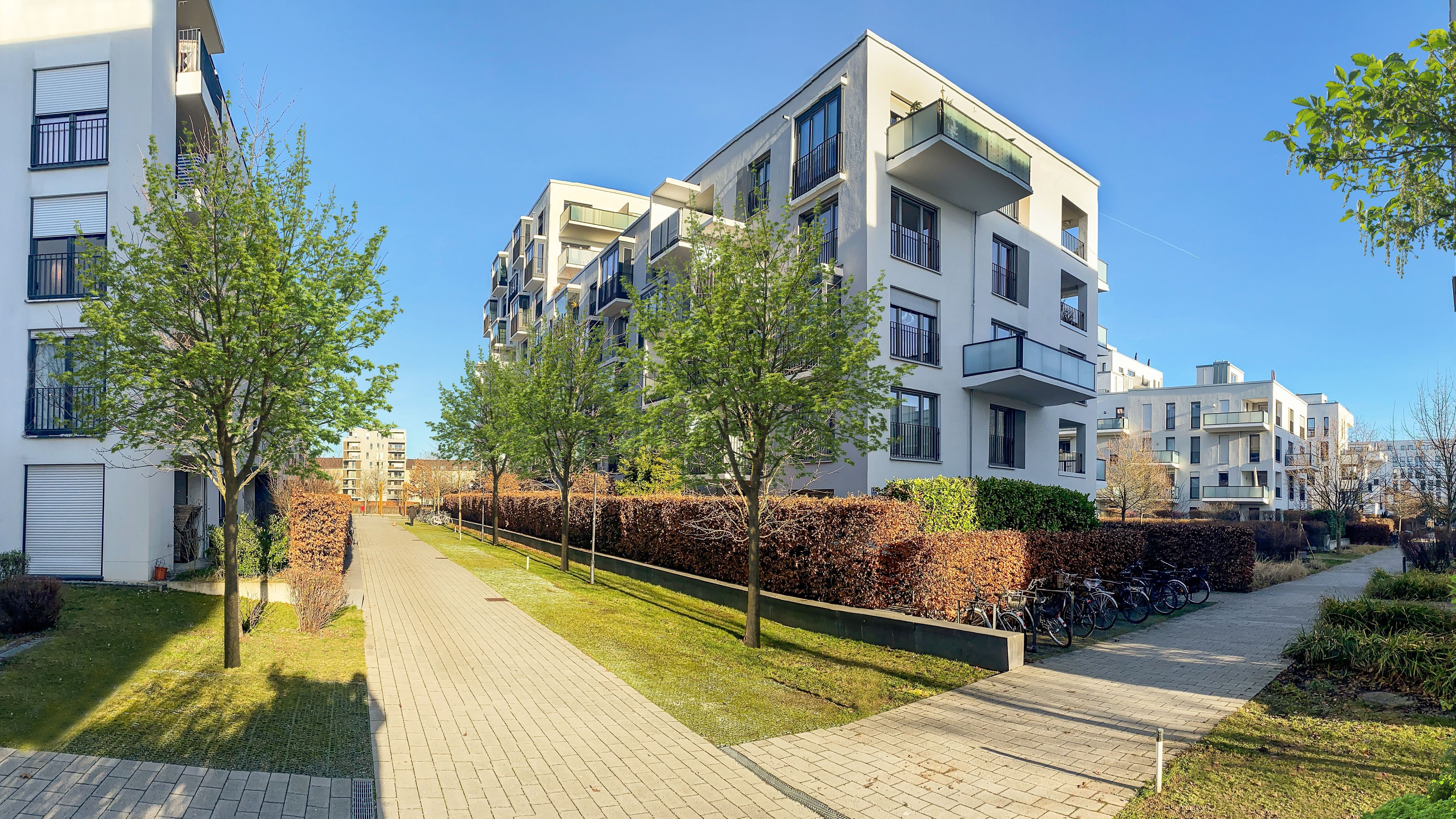 Cityscape of a residential area with modern apartment buildings, new sustainable urban landscape in the city