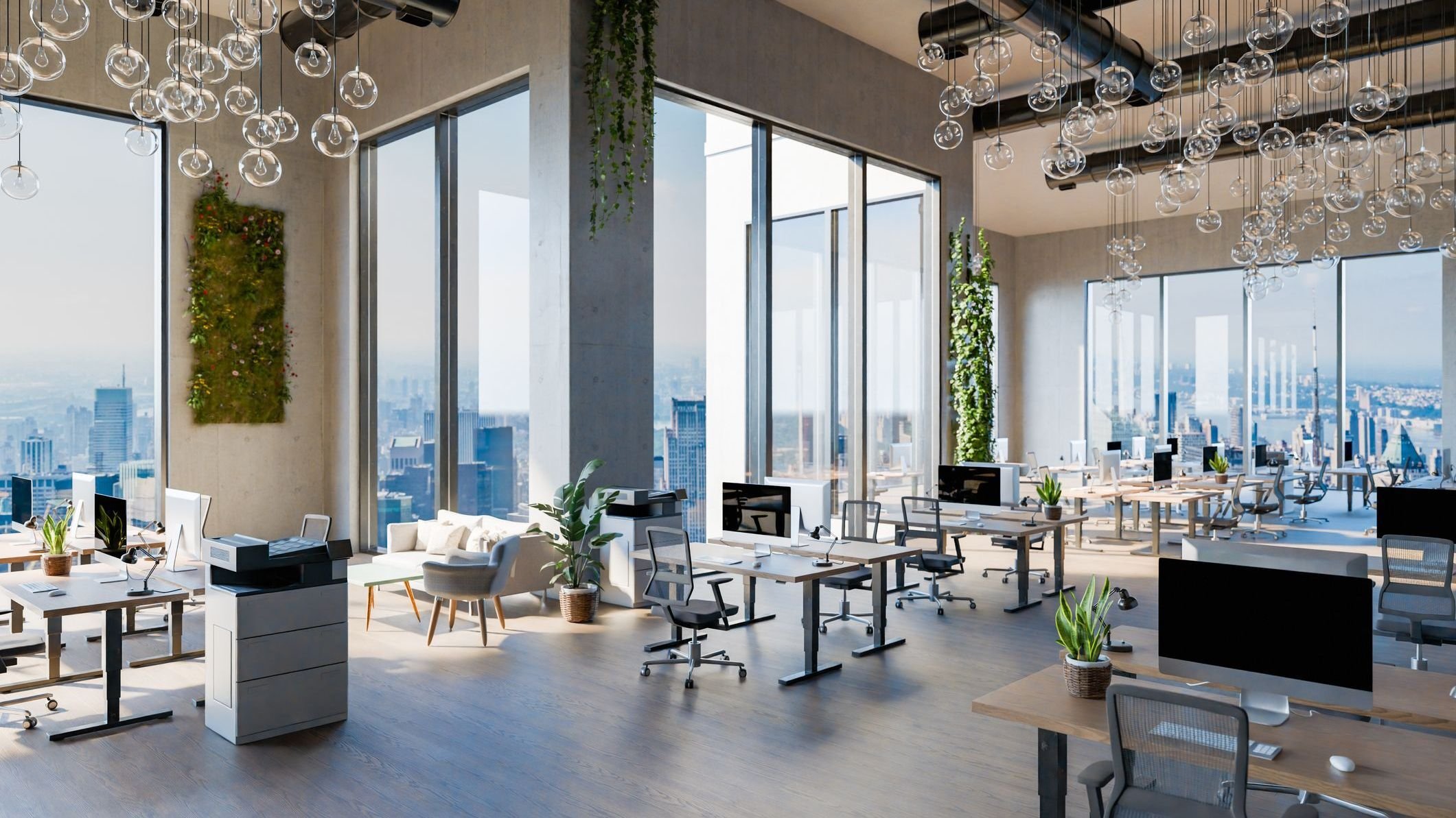 Large innovative open space office with tech industry workplaces and greenery; environment friendly contemporary building;