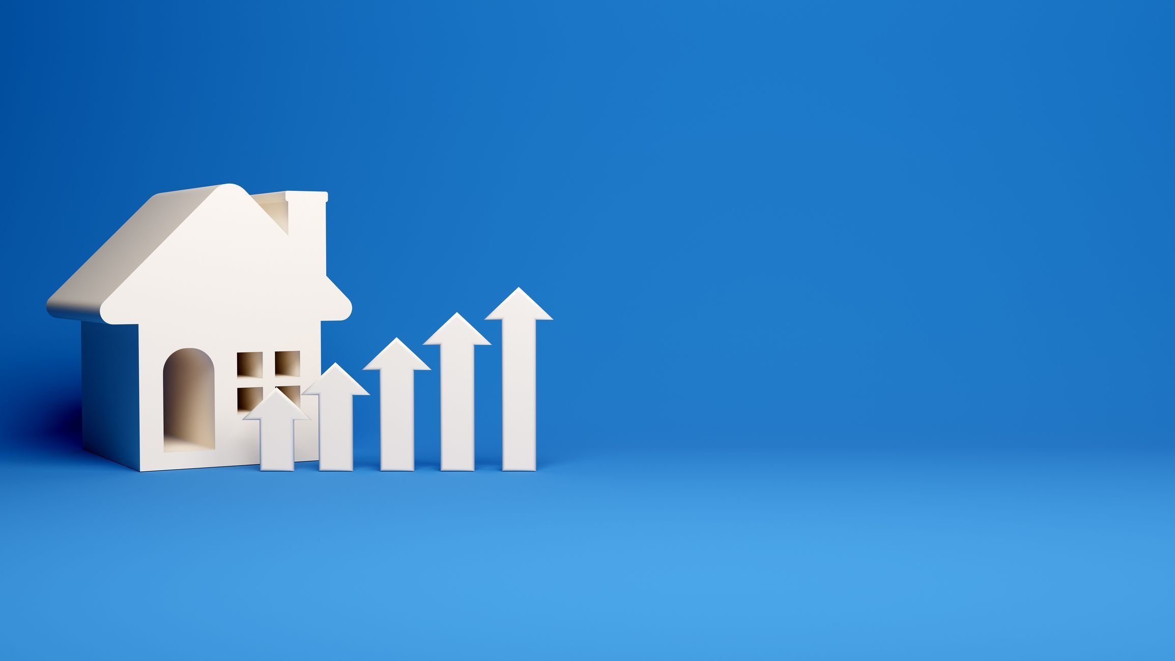 Home, money and up arrow icon in blue background.