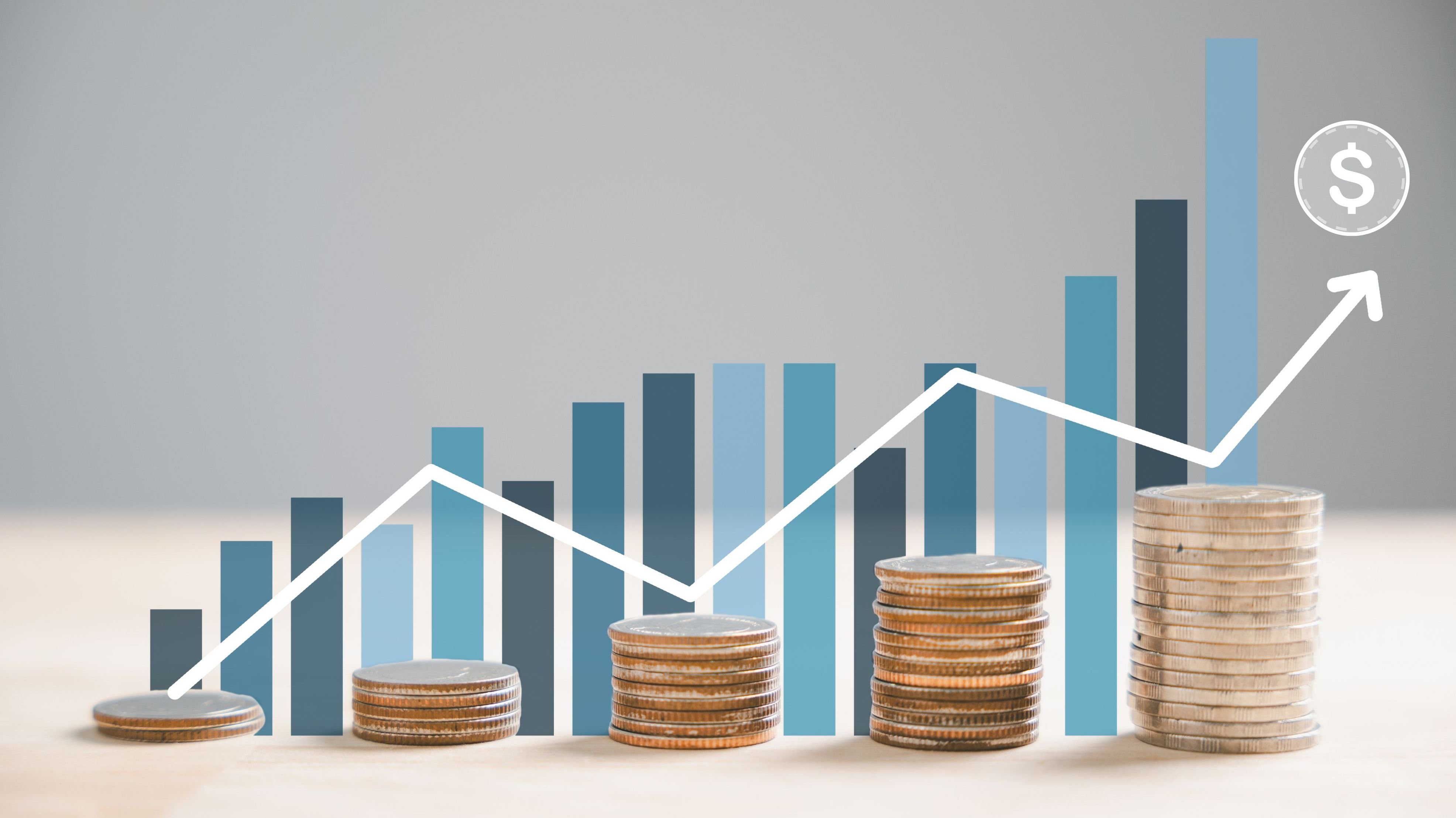 Coins stacking with white up arrow and percentage