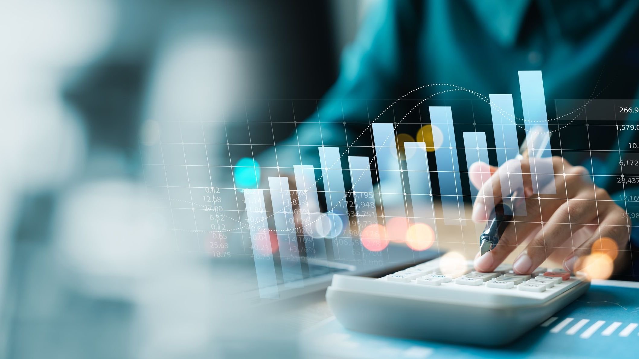 Businesswoman use laptop and calculator analyzing company growth, future business growth arrow graph.