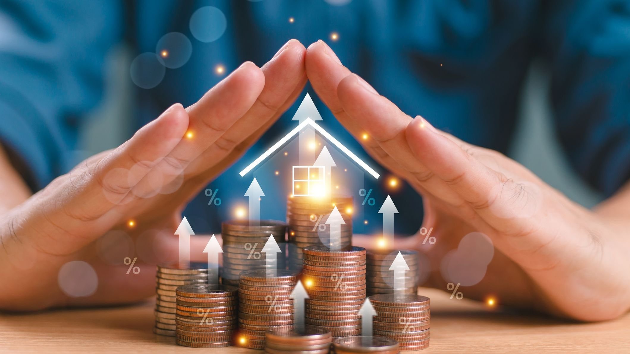 Man protect money stack, home loan mortgage icon.