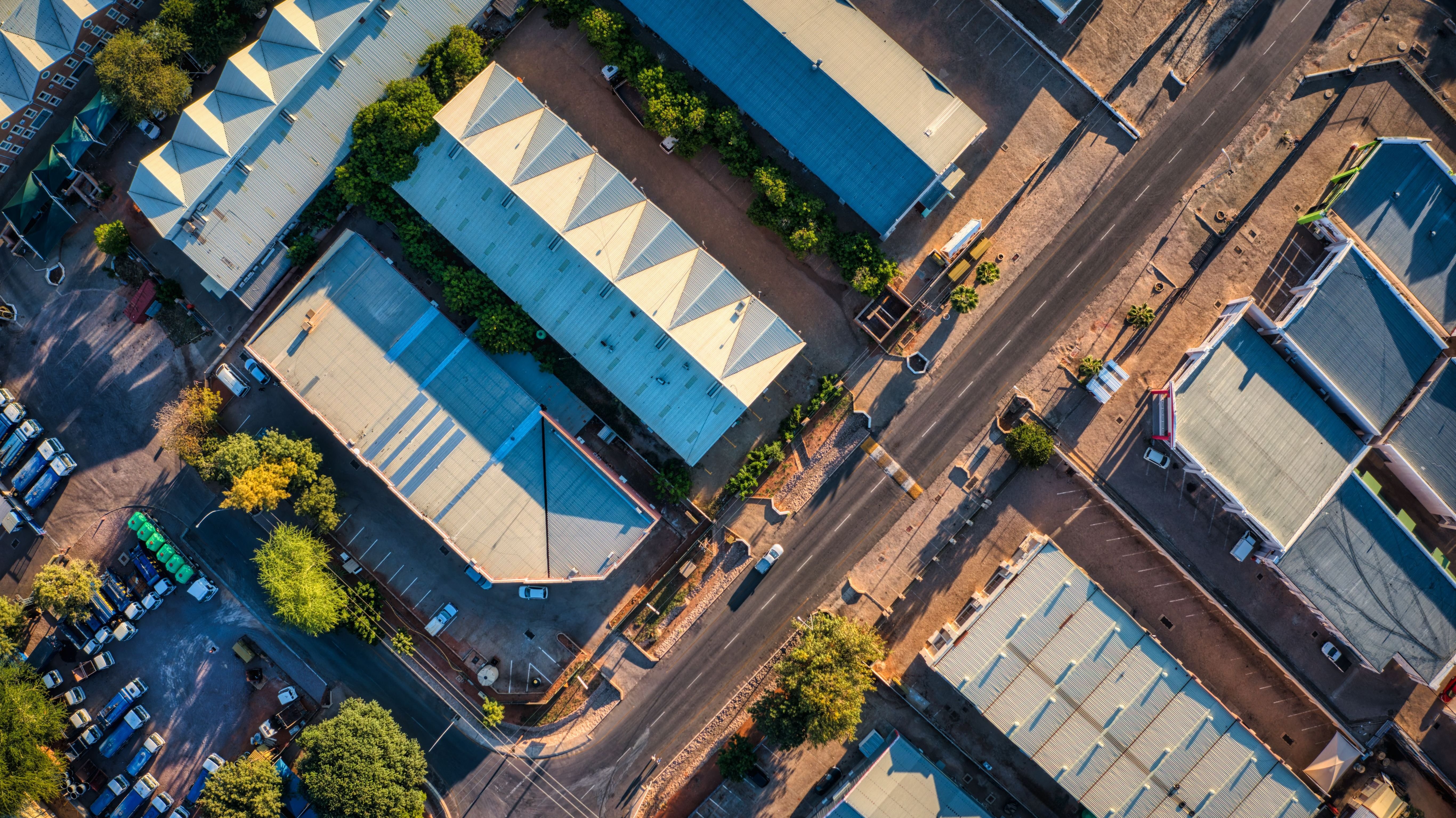 Aerial view top down drone of the industrial zone in Gaborone in Commerce Park
