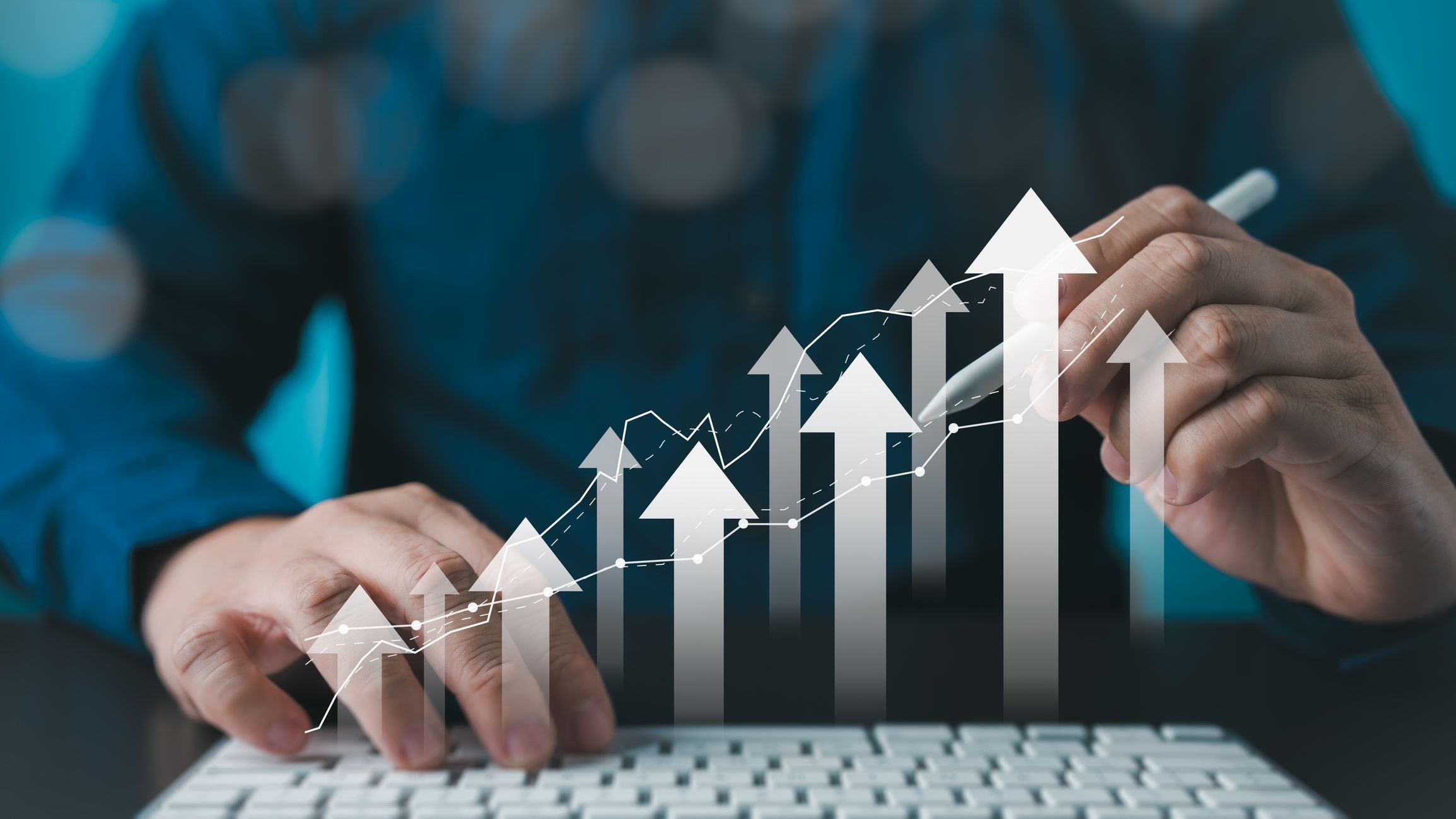 Businessman touching chart with arrows pointing up icons.