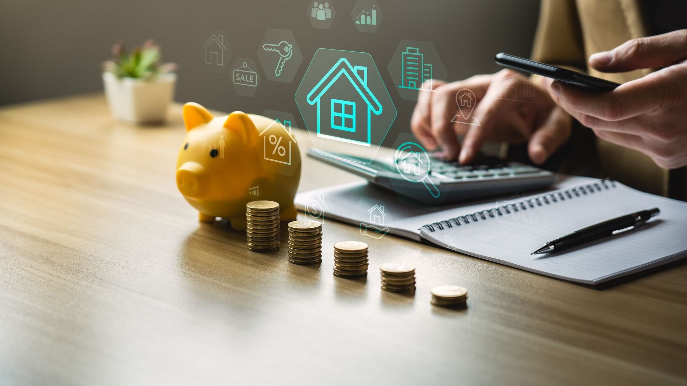 Financial planning and real estate investment concept with businessman stacking coins, calculating mortgage loan, and managing savings for property purchase, housing market, and wealth growth