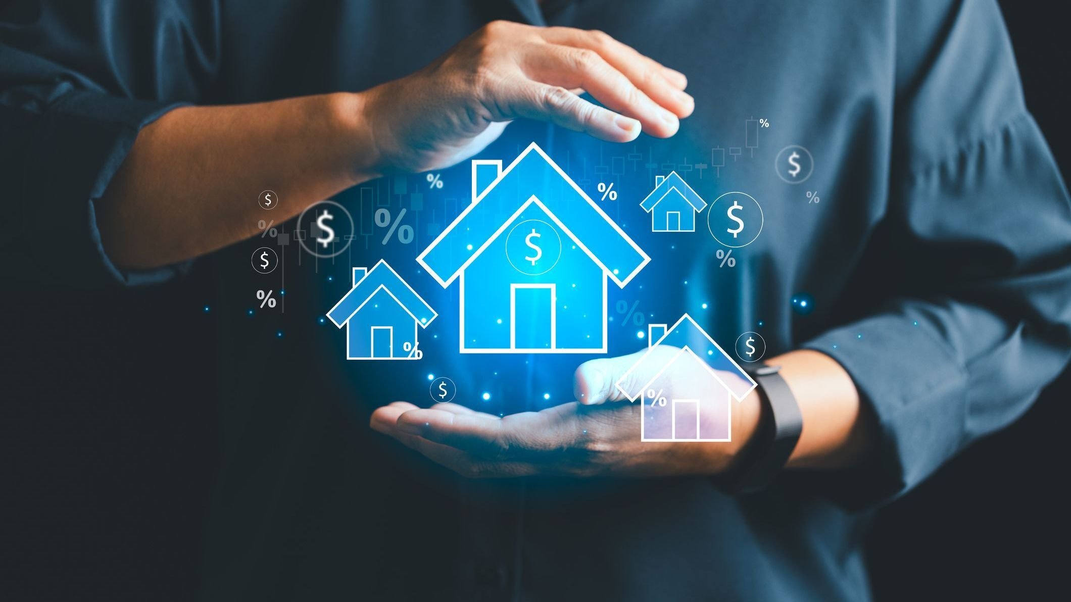 Concept of real estate business to virtual screen, people can buy-sell houses, explore real estate investment opportunities, home insurance, real estate protection-all real estate online platforms 