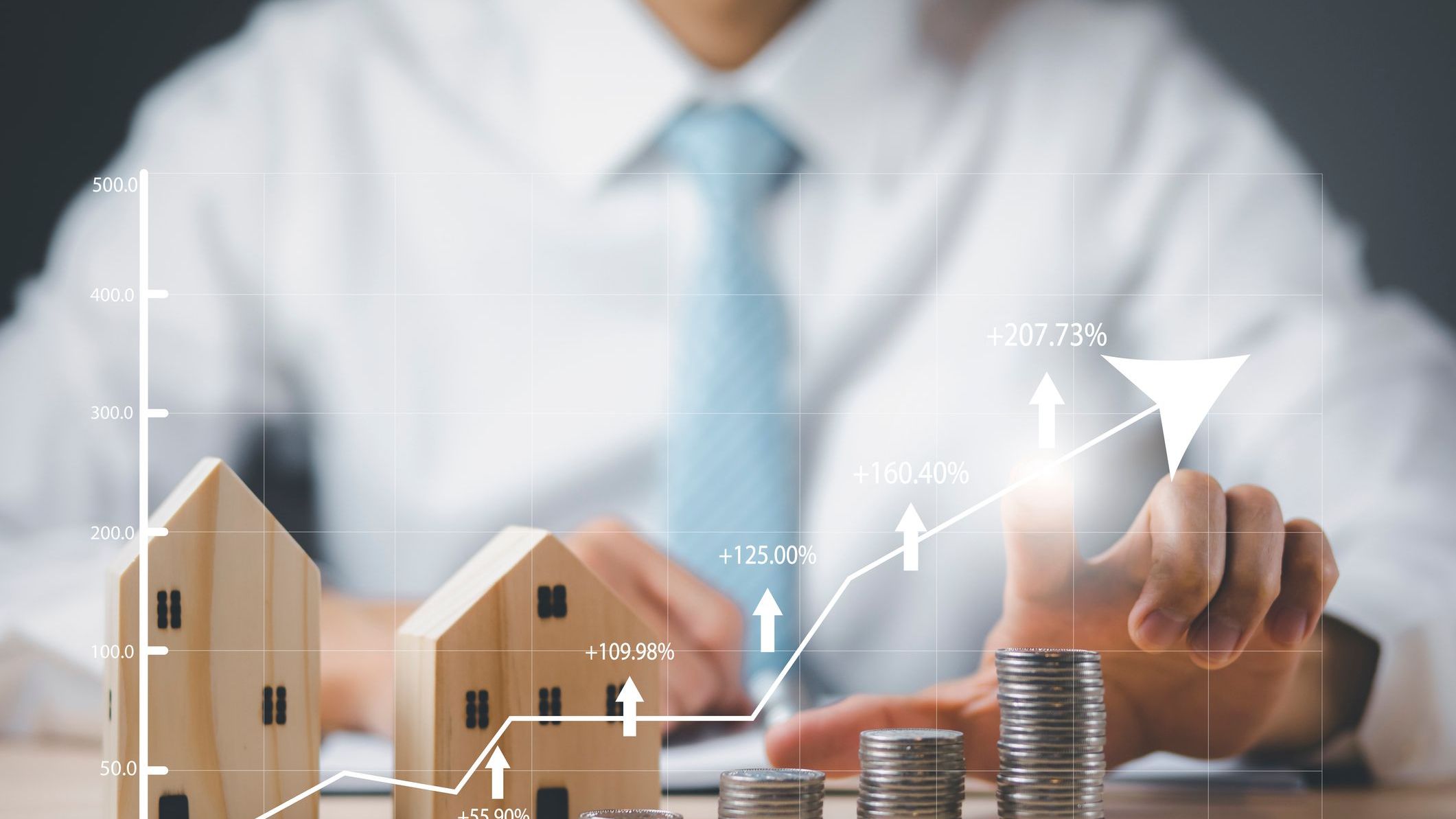 Hand touch arrows graph business investment market and stacked coin with mini wood house model from the model on table.