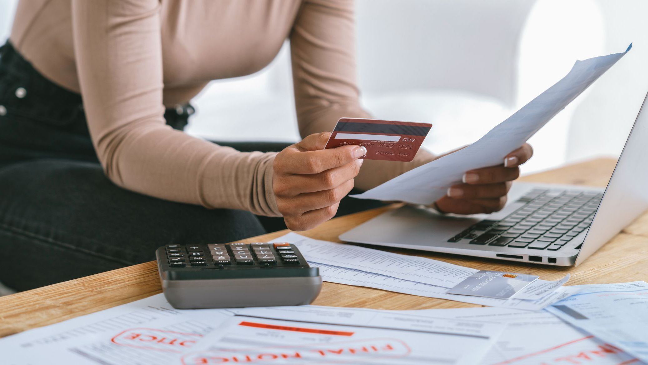 Stressed young woman has financial problems credit card debt to pay crucial.