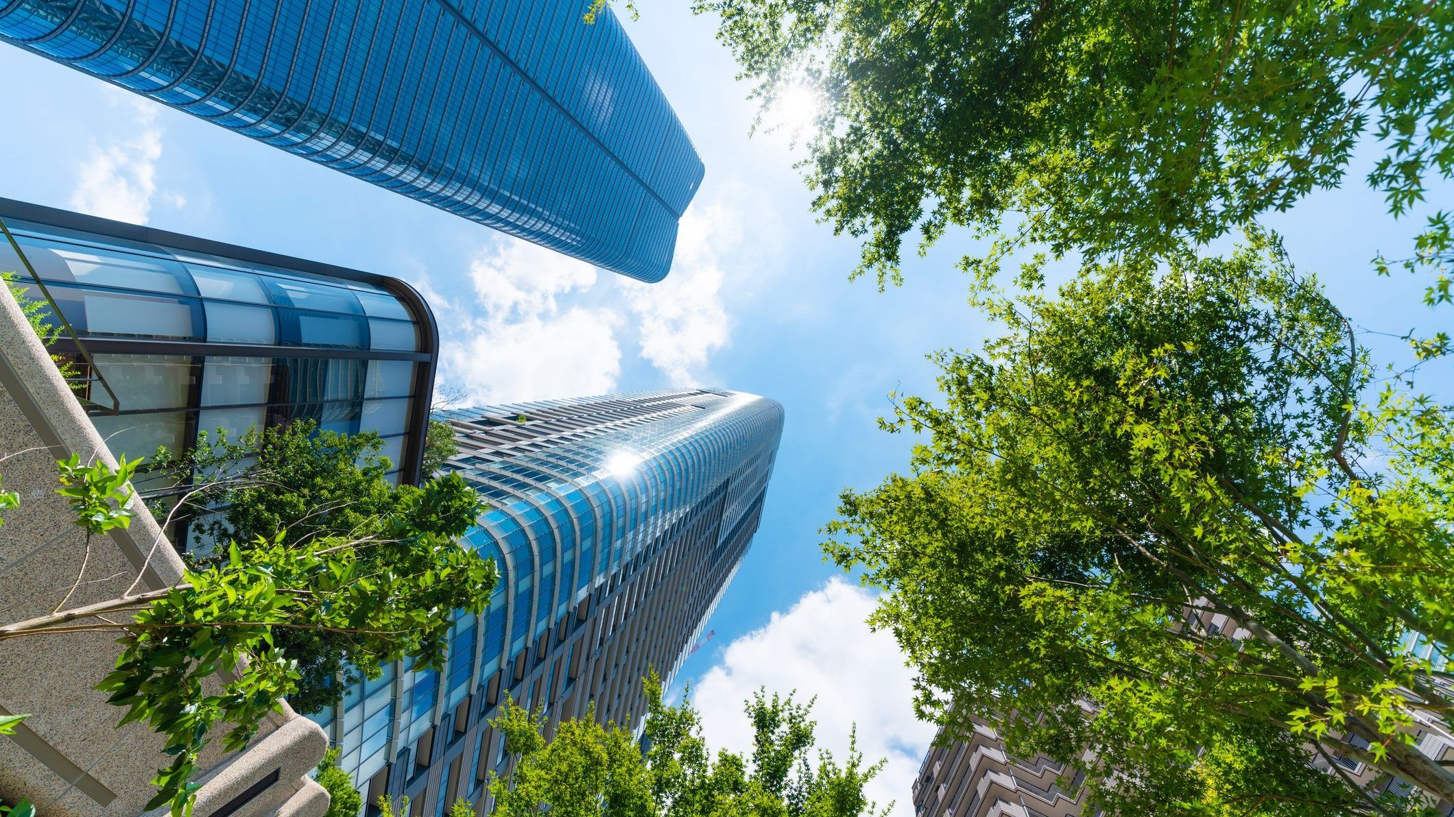 Looking up view of city skyline in tokyo, japan.